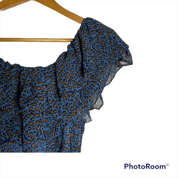 See The Shades Blue Leopard Print Boatneck Chiffon Mini A Line Dress Medium M - Picture 7 of 16
